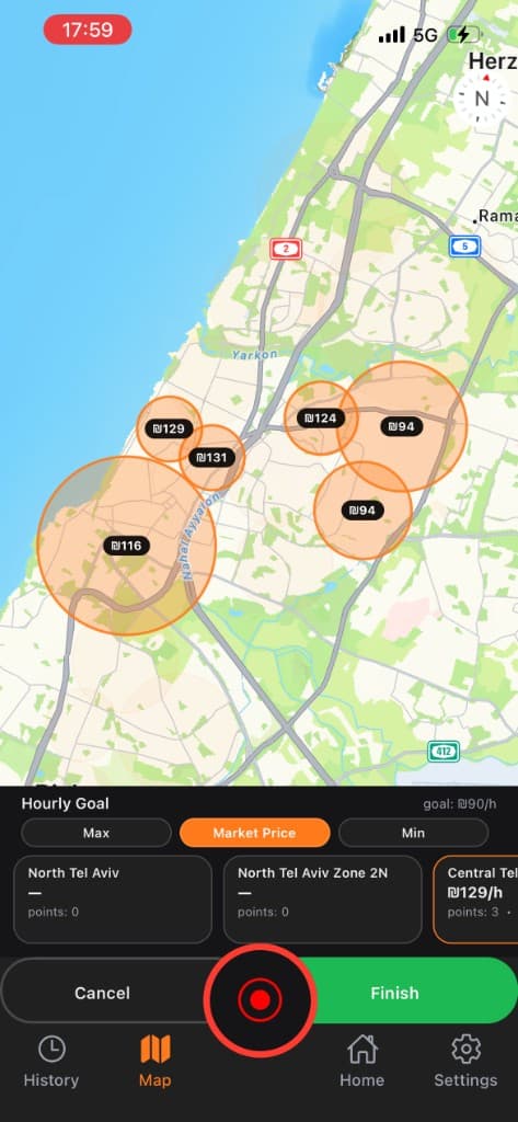 CallKal map showing ₪/hour rates by zone